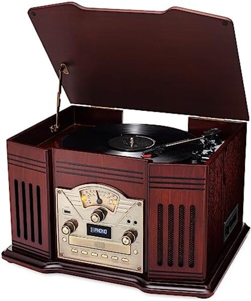 All-in-One Turntable with 3-Speed Record Player, Bluetooth, CD, Cassette