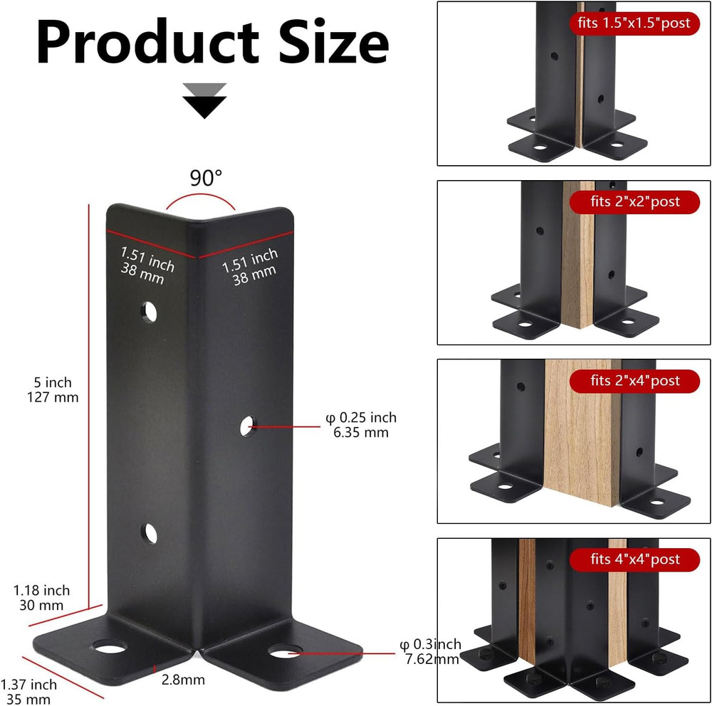 4 Pcs Adjustable Half-Column Base for 1.5X1.5, 2X2, 2X4, 4X4 Post Bracket, Wood