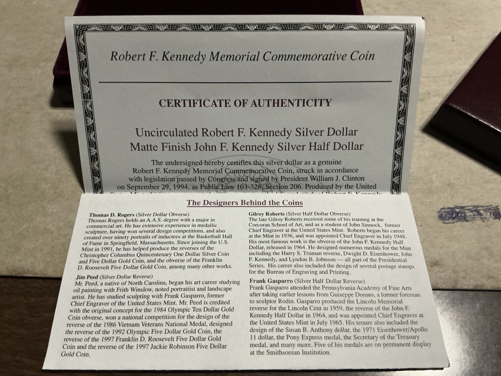 1998 US Kennedy Collectors Set Uncirculated Silver Dollar & Half Commemorative
