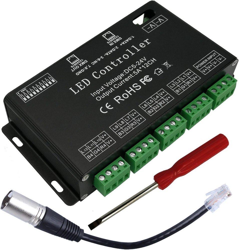 12 Channel DMX Decoder RGB Controller, 60A PWM Dimmer DC12V-24V