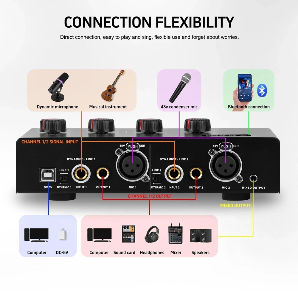Microphone Preamp Mic Booster 4 Input Max 25db DI Box with 48V Phantom Power ...