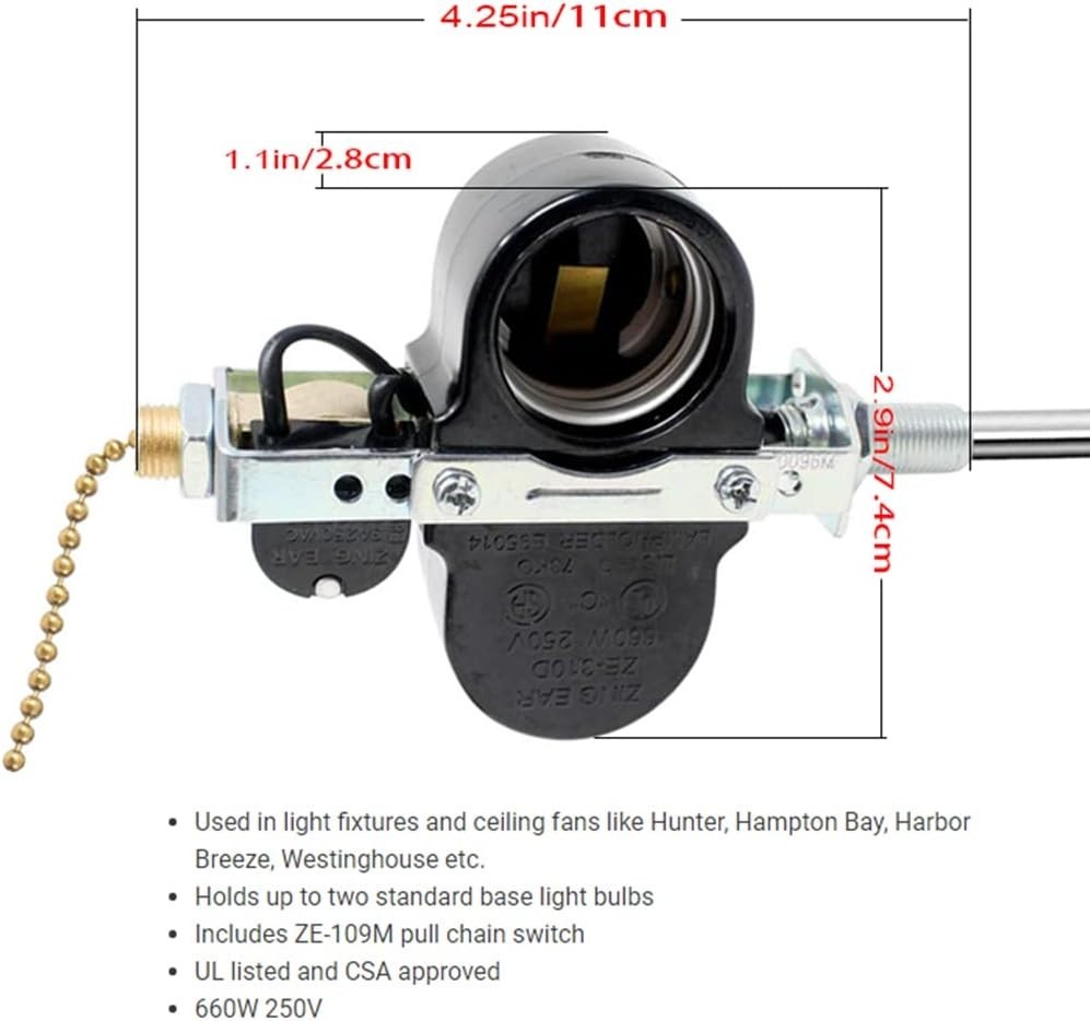 Durable Brass Ceiling Fan Light Kit with ZE-109M Pull Chain Switch - 660W Rated