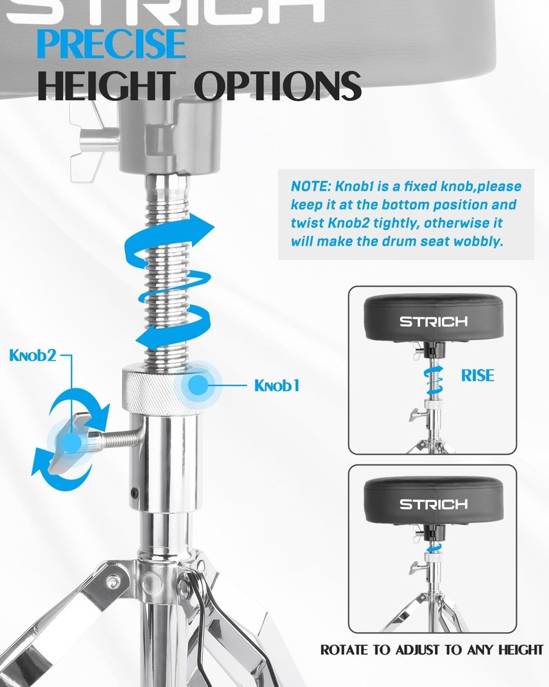 STRICH Drum Throne, Height Adjustable Padded Seat SDB-20, Classic Silver