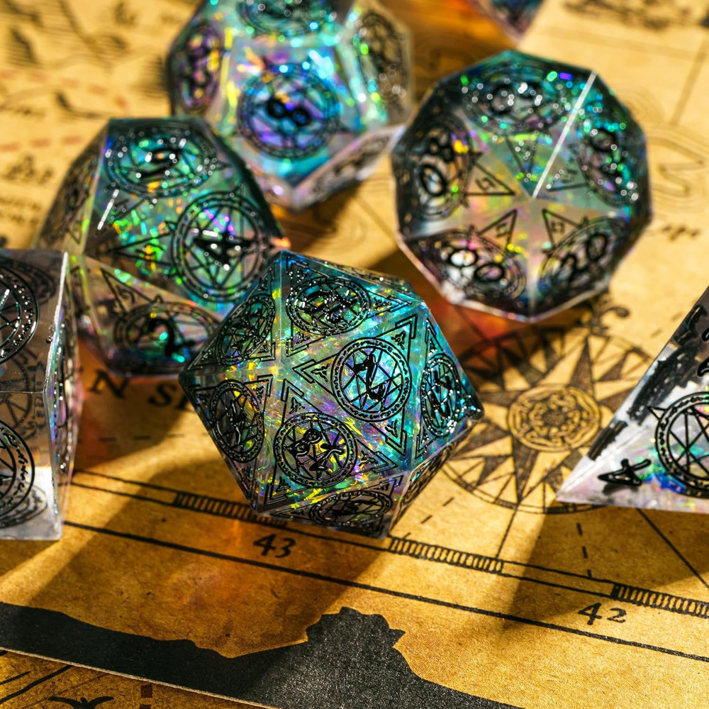 7-Die Sharp Edges DND Dice Set, Magic Circle Pattern Polyhedral D&D Dice Set for