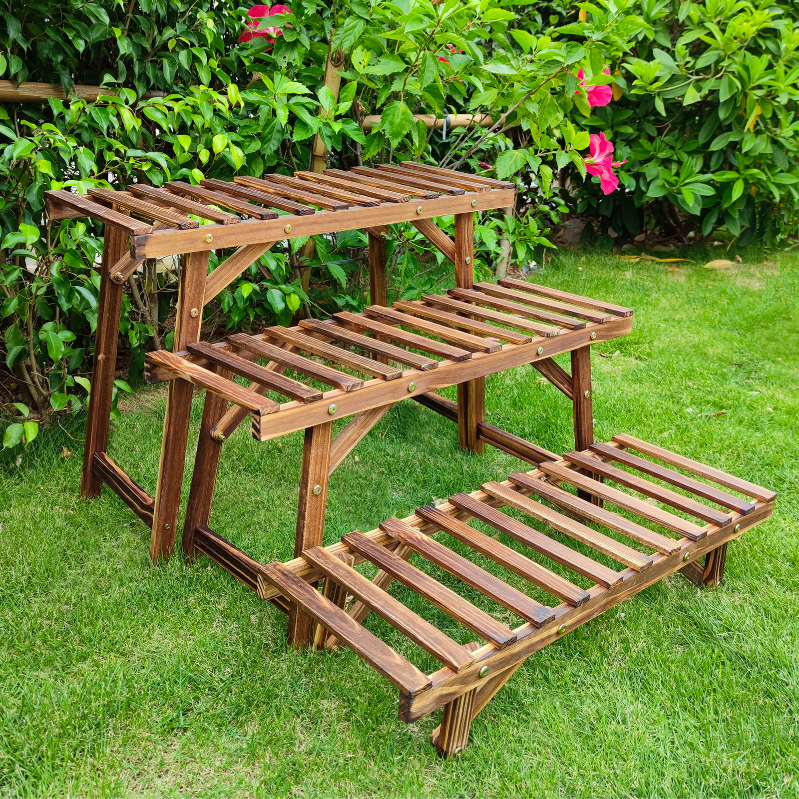 Large Wood Tier Shelf Flower Plant Display Stand Rack Freestanding Movable Bench