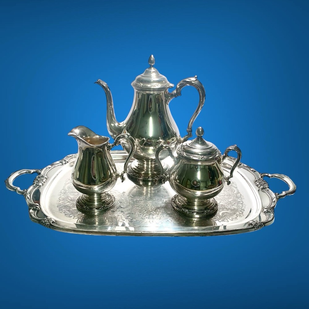 1847 Rogers Brothers Remembrance 4 Piece Silver Plated Coffee Set with Tray