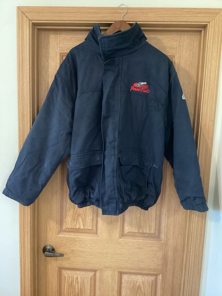 FR Bulwark Work Bomber Jacket Navy Gray Quilted Liner Full Zip Snap Winter Coat