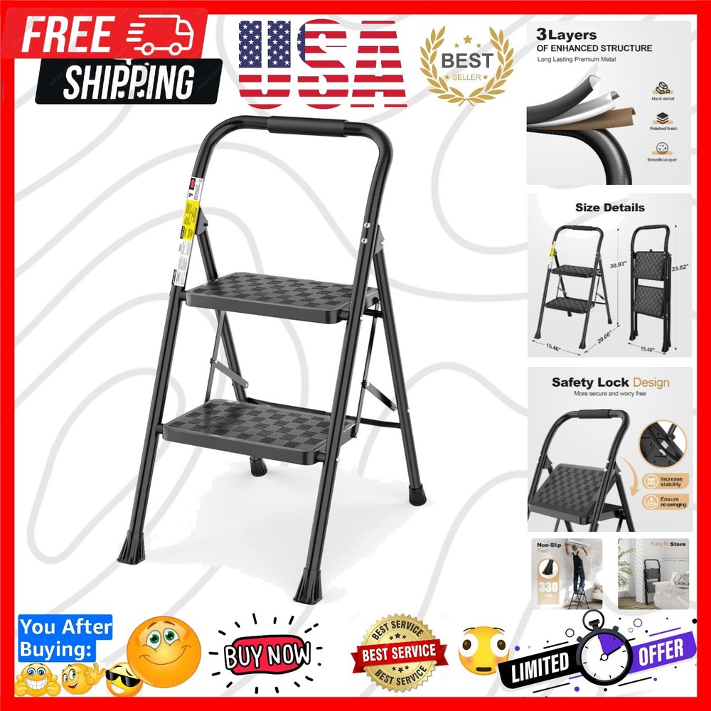 Elegant 2-Step Ladder - Foldable Ergonomic Step Stool with Wide Pedals