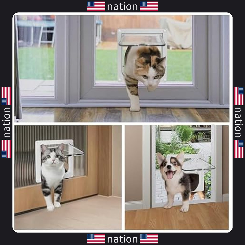 Weatherproof Thin Cat Door for Windows & Sliding Doors, 4-Way Lock, Medium Size
