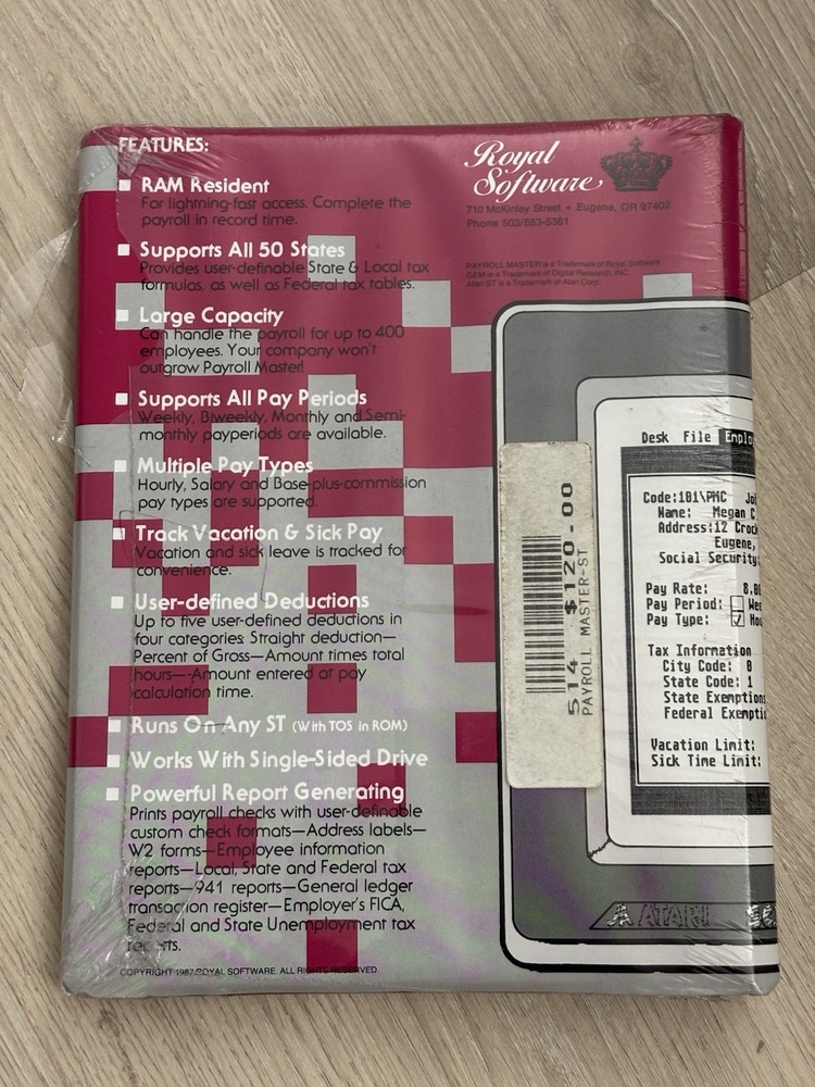 NEW 1987 Vintage Payroll Master Software for Atari ST Royal Software Sealed