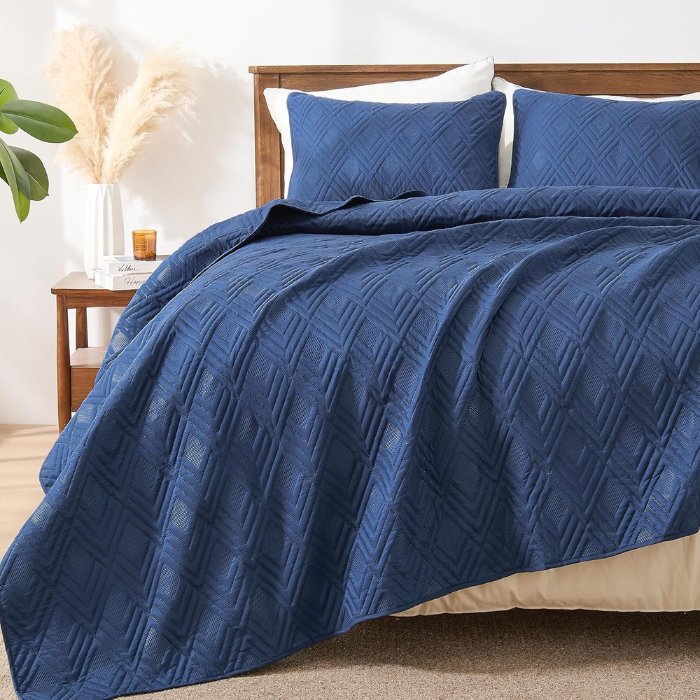 Quilts King Size Bedding Sets, Navy Blue Bedspread Soft Lightweight Pre-Washed Q