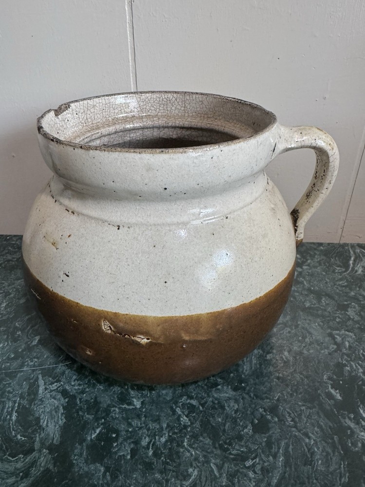 Bean Pot Old Earthenware Heavily Crazed