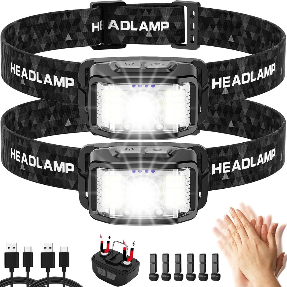Headlamp Rechargeable,2 Pack 2000 Lumen Super Bright Led Headlamp,16 Modes Mo...