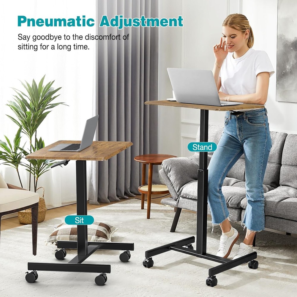 Small Standing Desk Mobile Portable Rolling Laptop PC Table on Wheels Adjustable
