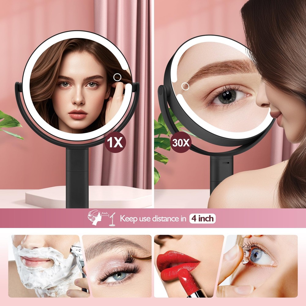 Makeup Mirror Lights 30X Magnifying Height Adjustable 3 Light Modes Dimming Blk