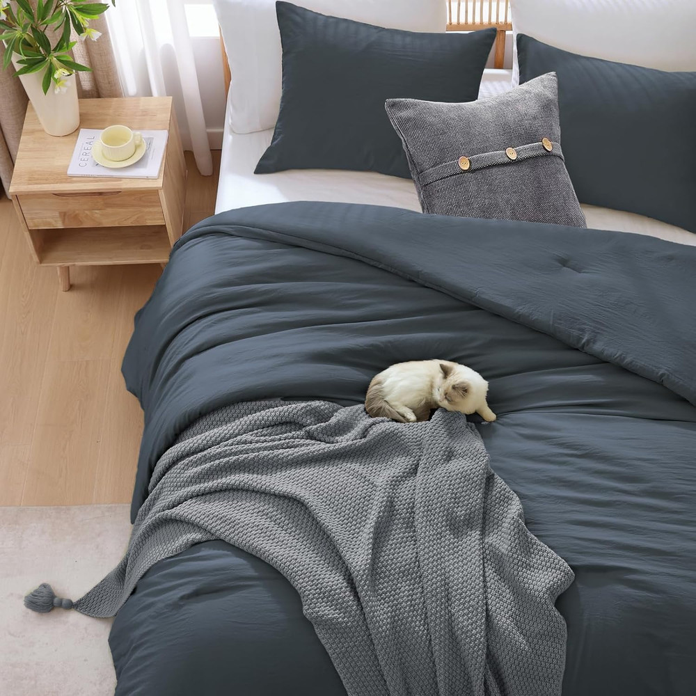 Queen Comforter Set - 3 Pieces Prewashed Blue Grey Comforter Soft Lightweight fo