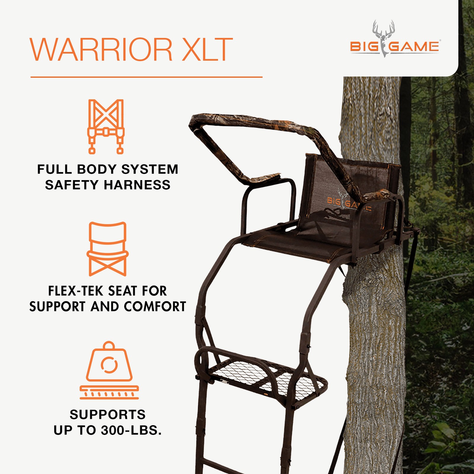 Big Game Warrior DXT 17' Deer Hunting Ladder Climbing Tree Stand w/Flex-Tek Seat