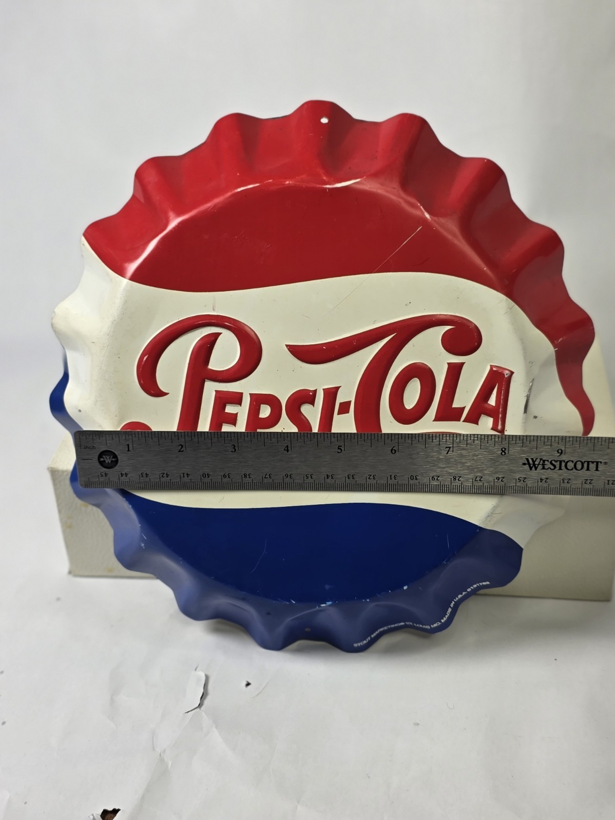 Pepsi-Cola Bottle Cap Sign 11" | Metal Embossed | Stout Marketing St. Louis, Mo.