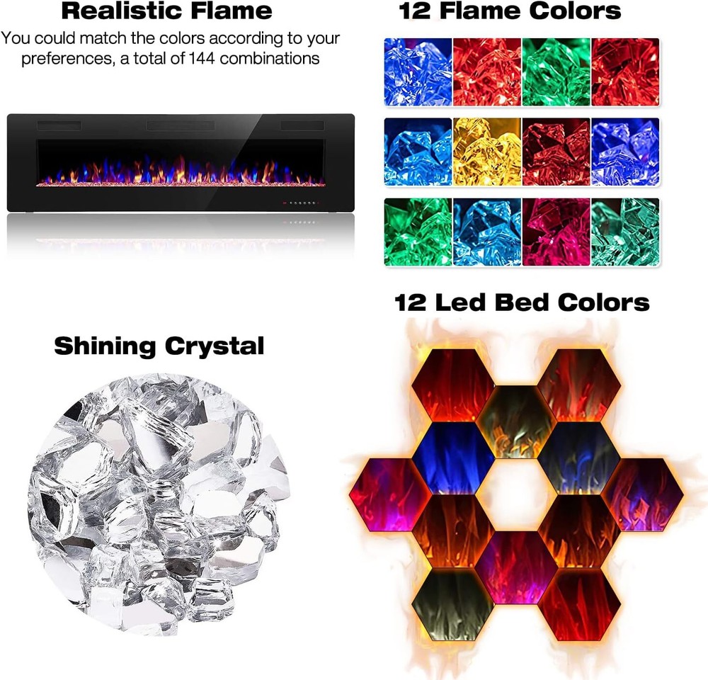 Electric Fireplace, Recessed and Wall Mounted , Remote , Timer, Adjustable Flame
