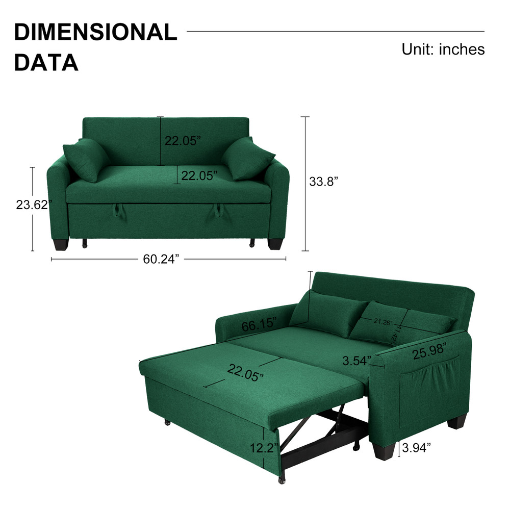 60.24'' Convertible Sleeper Sofa Bed Burlap Loveseat Sofa Couch w/ Pull Out Bed
