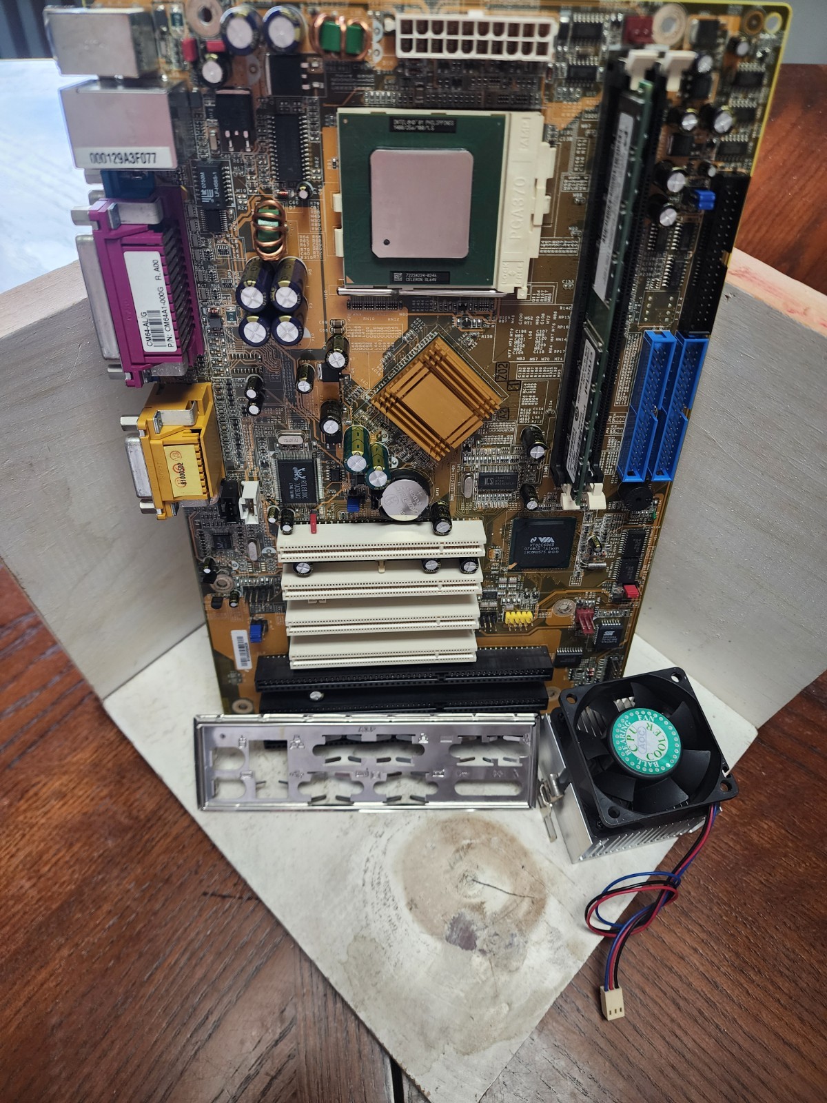 Socket 370 Motherboard Combo – Celeron 1.4GHz, 256MB RAM, I/O Shield – Tested