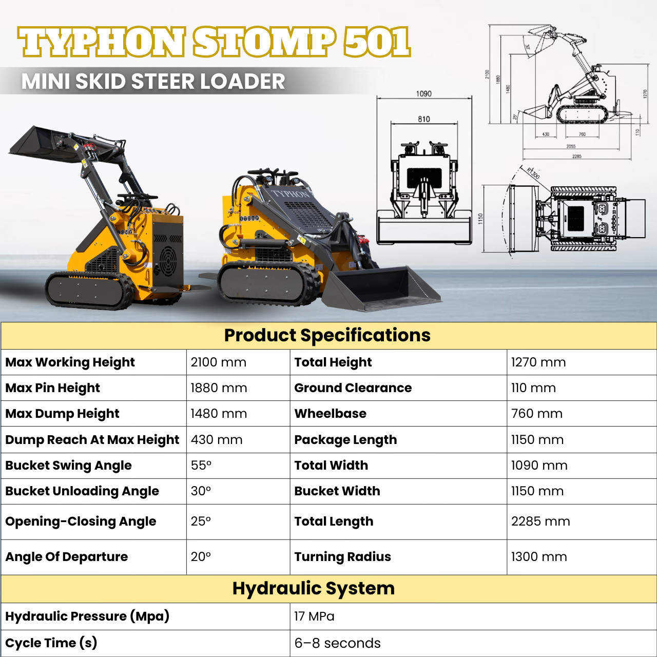 Free Shipping Mini Skid Steer Loader TYPHON STOMP 501 Compact Track 23.5 HP Gas