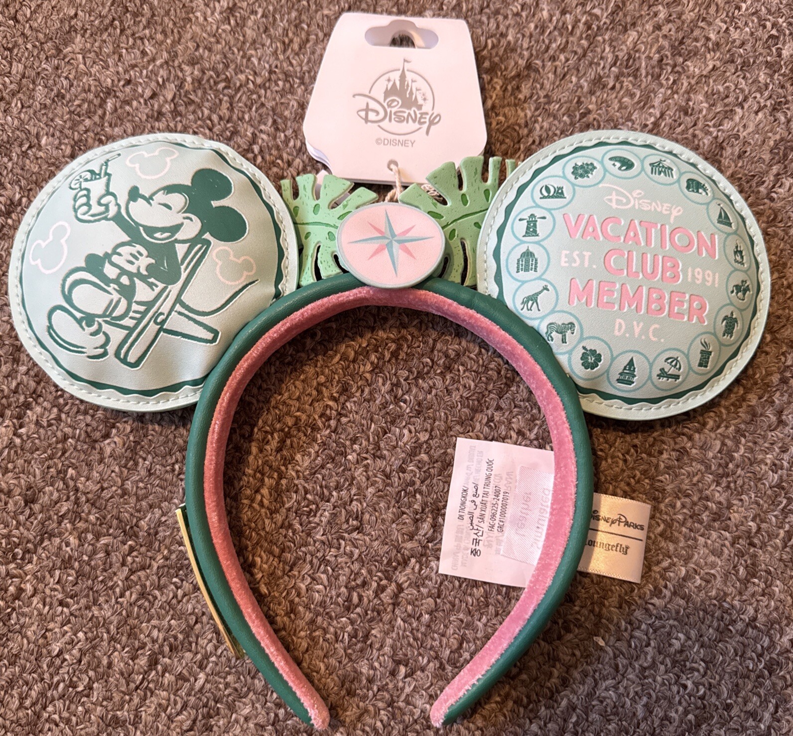 2024 Disney Parks DVC Loungefly Vacation Club Pink Green Ears Headband NEW!