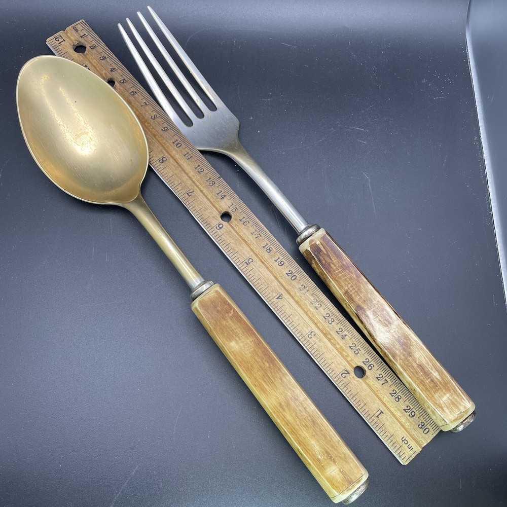 faux bone Wood handle serving fork spoon Plastic? Bakelite? Celluloid?