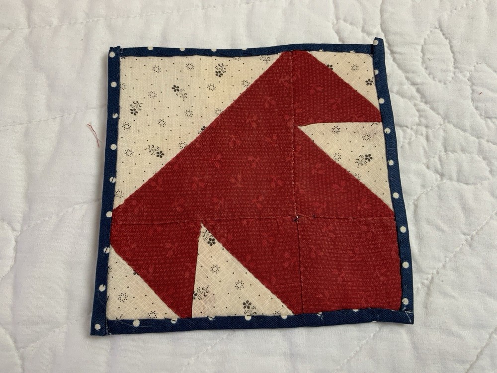 Antique Patchwork Quilt Table Topper, Early Calicos, Triangles, T’s, Red