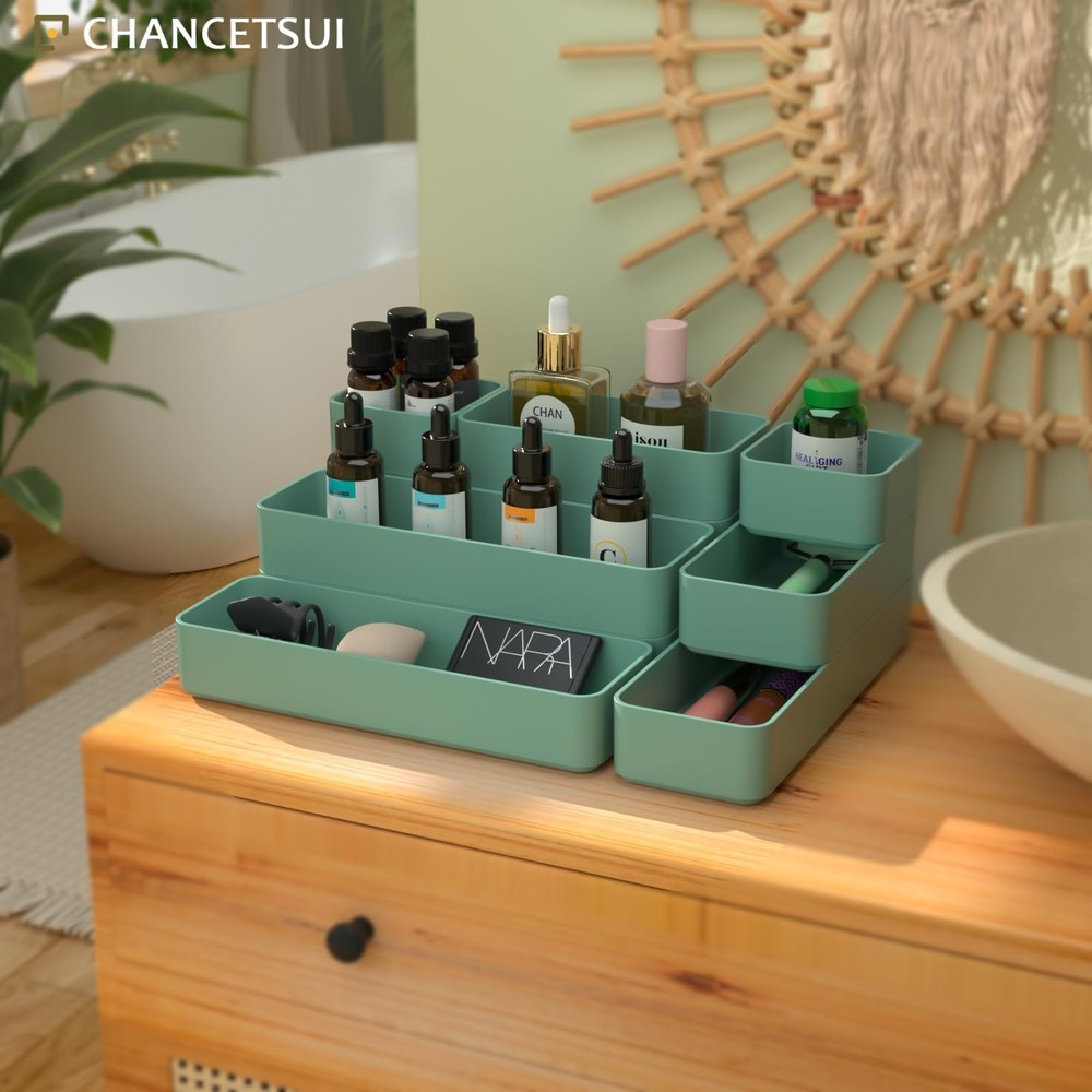 9 Pcs Stackable Drawer Organizer Trays Set, Green, Multifunctional Storage fo...