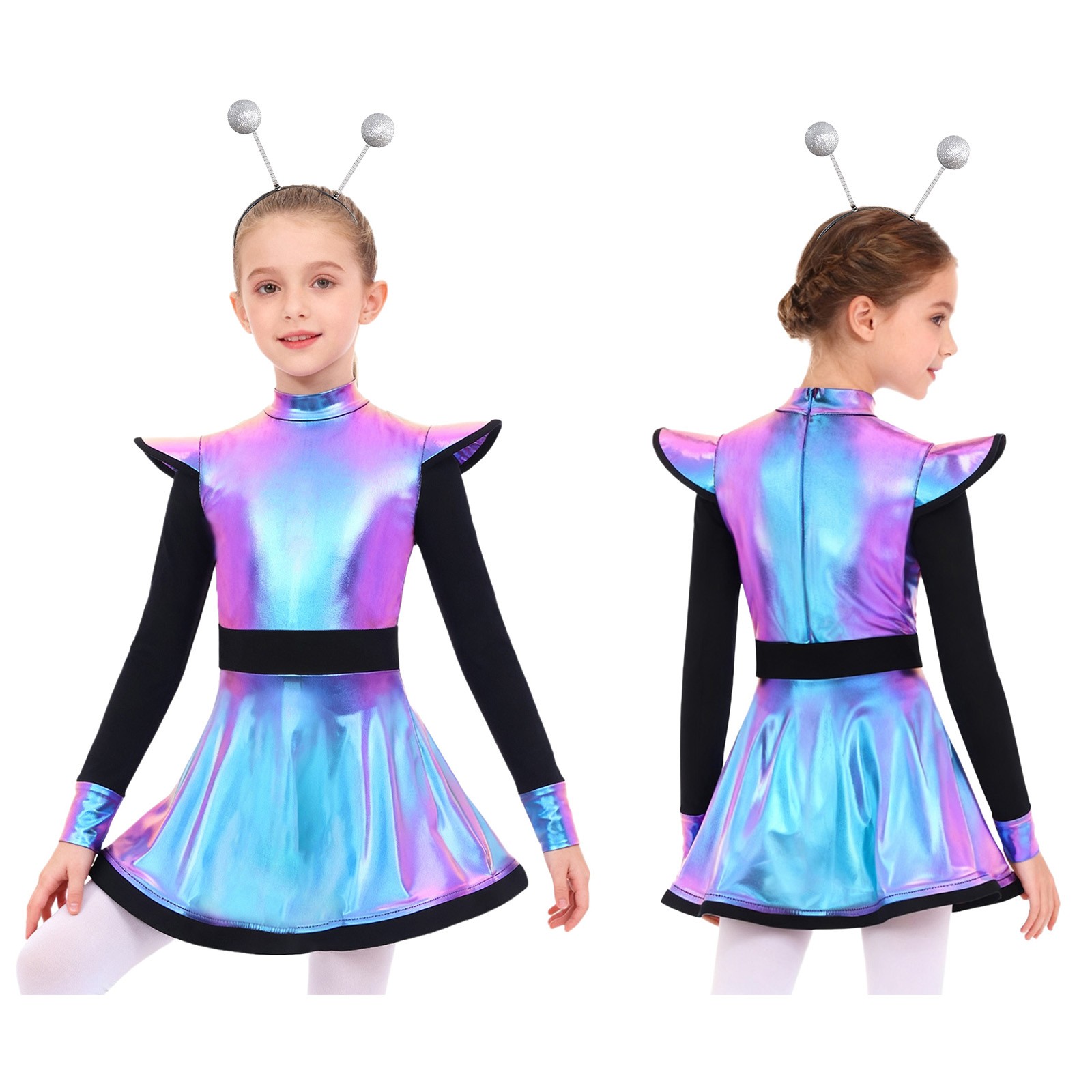 Kids Girls Dress Mock Neck Alien Costume Built-In Shorts Outfit Outerspace 2Pcs