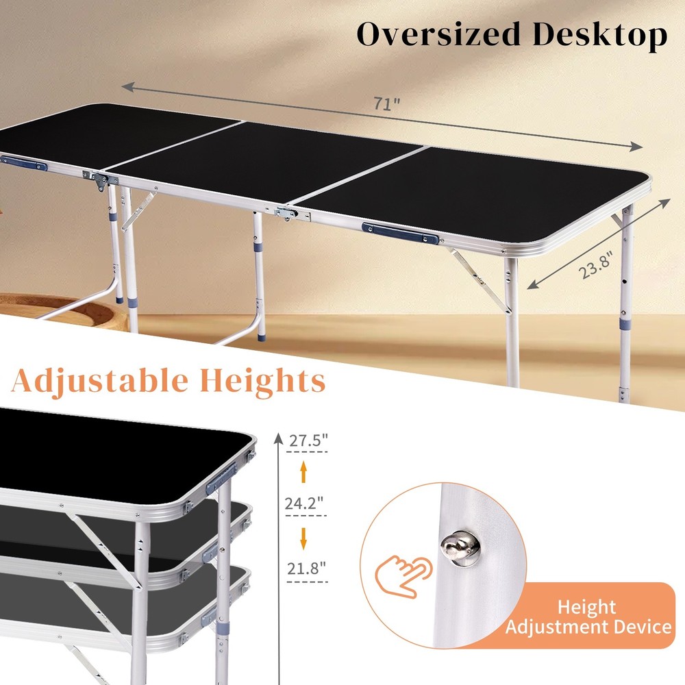 Folding Camping Table 6ft - Adjustable Height, Aluminum & Black Patio Table