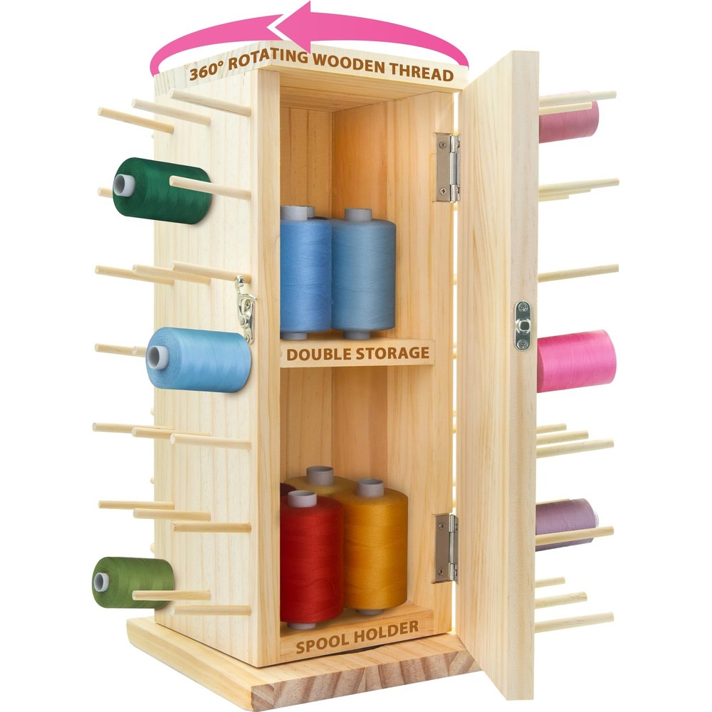 84 Spools Thread Holder Stand - 360 Full Rotating Wooden Thread Organizer - E...