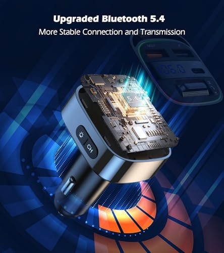 Bluetooth 5.4 FM Transmitter Car Adapter, 54W PD & QC3.0 USB Charger,