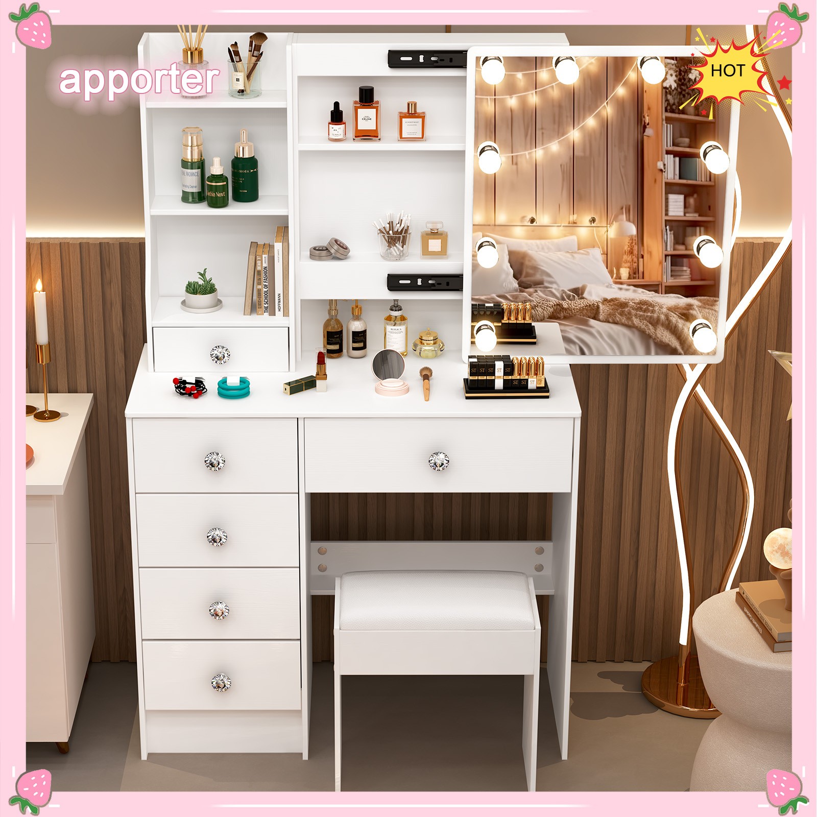 10 LED Lights w/3 Colors Mirror &Drawer Dresser Table Makeup Desk for Xams gifts