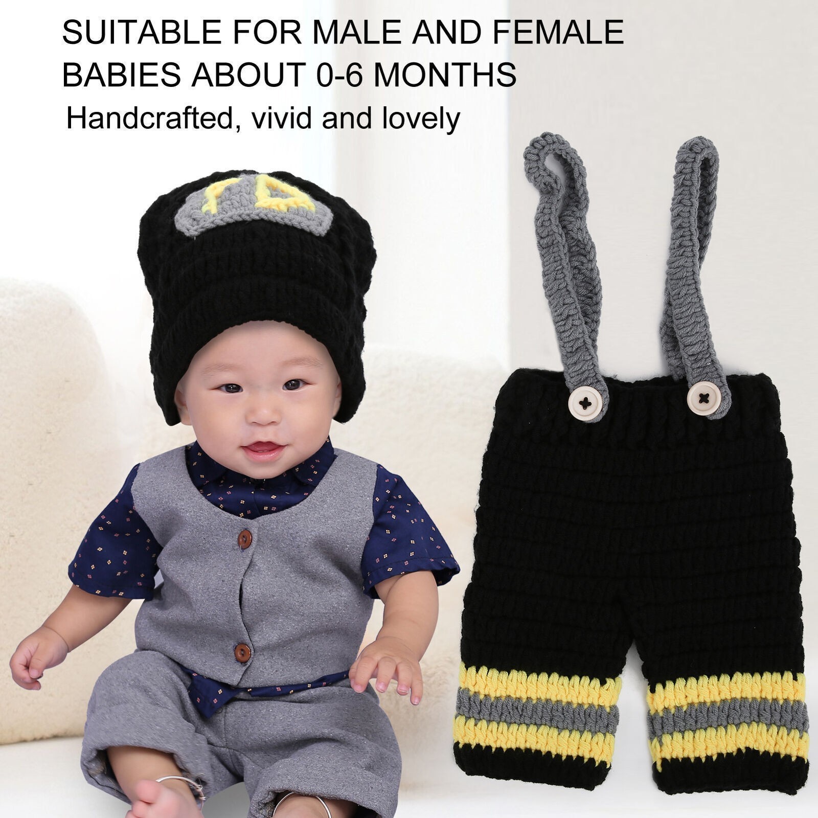 Baby Photography Props Fireman Hats Pants Outfit Crochet Hook Knitted Newborn