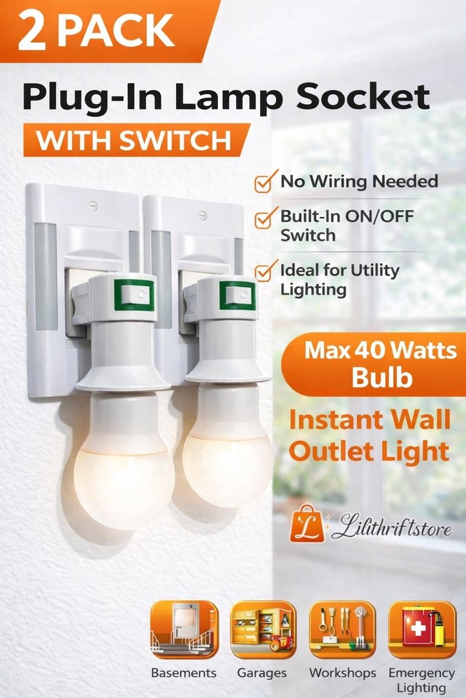 2 Pack POWTECH Plug-In Lamp Socket with Switch Light Bulb Holder Adapter ON/Off