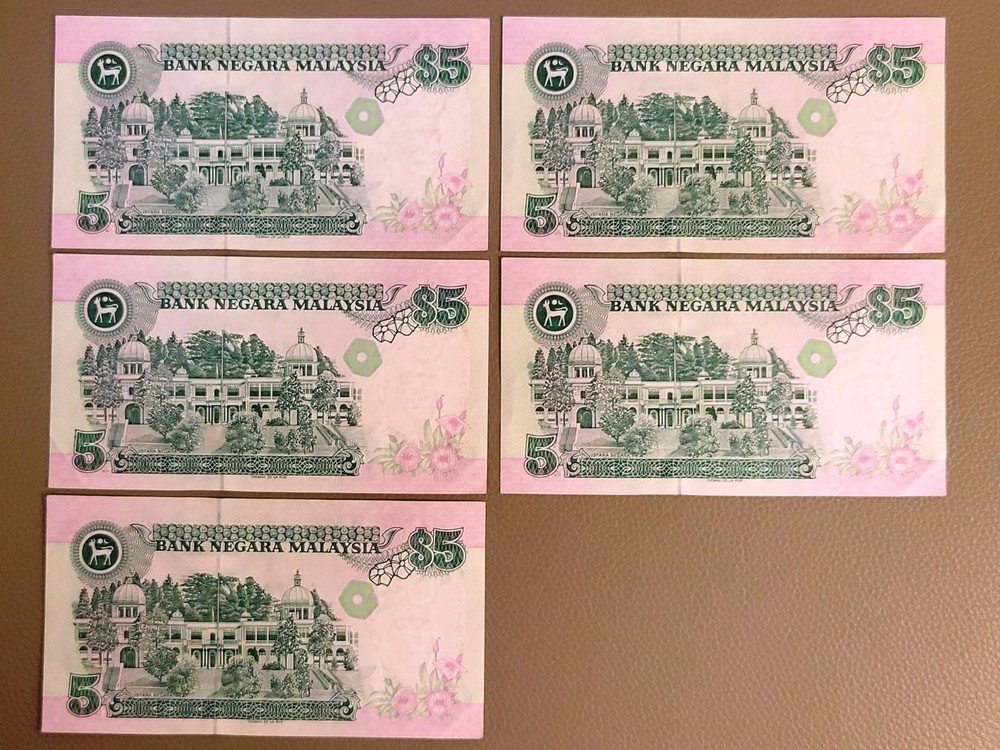 1991 Malaysia 5 Ringgit Banknote, UNC, 5 pcs., in consecutive serial numbers