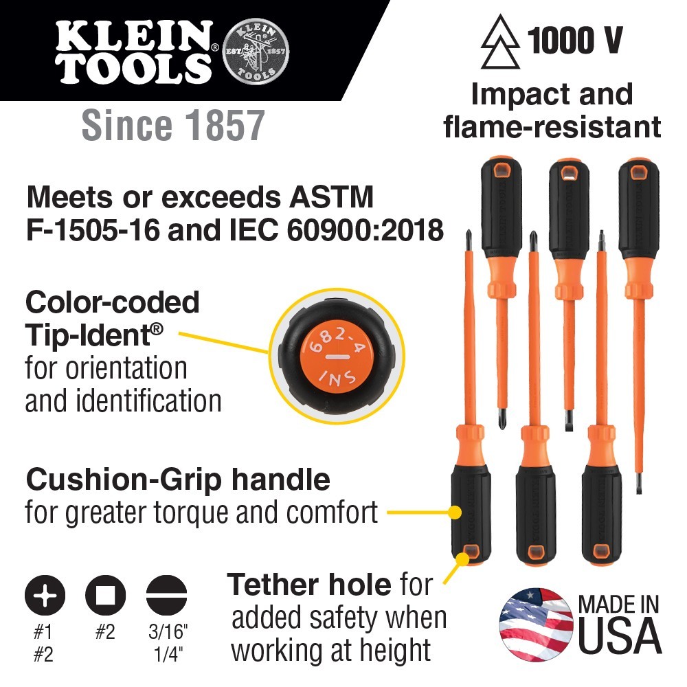 KLEIN TOOLS 85076INS Screwdriver Set, 1000V Insul, 6 Pc
