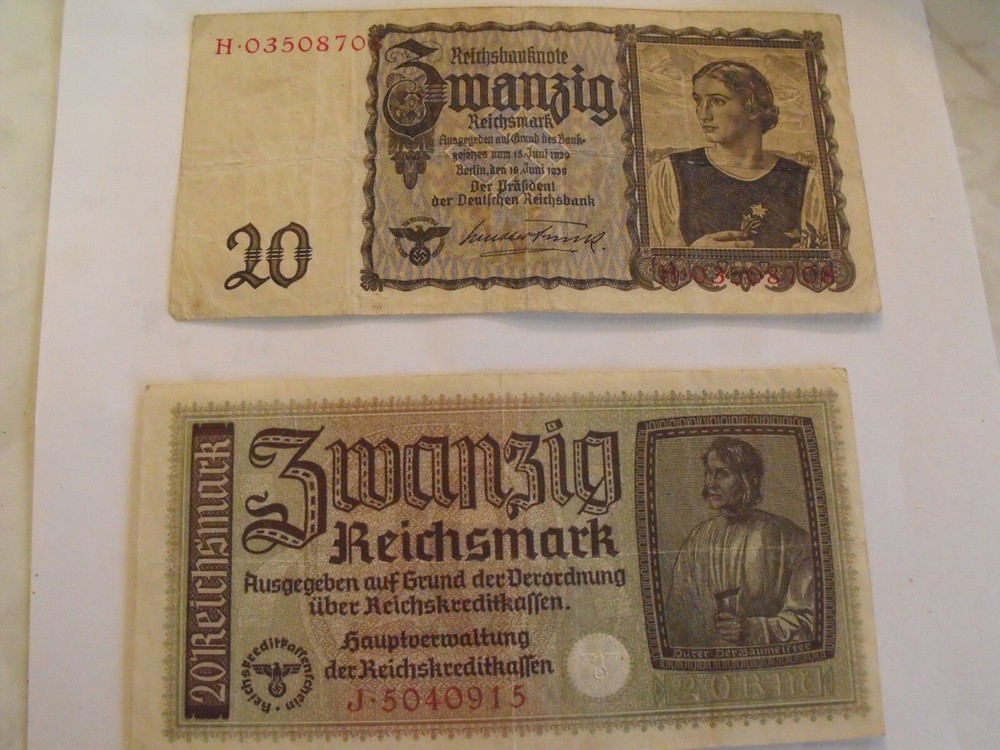 (8) German 20 Reichsmarks currency