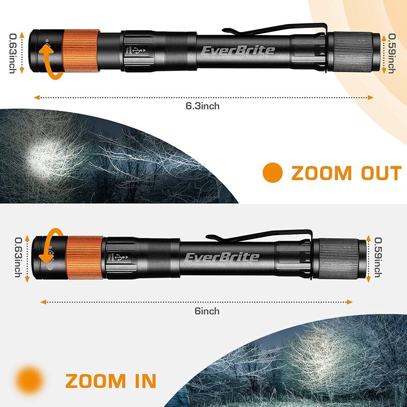 EverBrite Rechargeable Pen Light Zoomable Handheld Flashlight 4 Lighting Modes