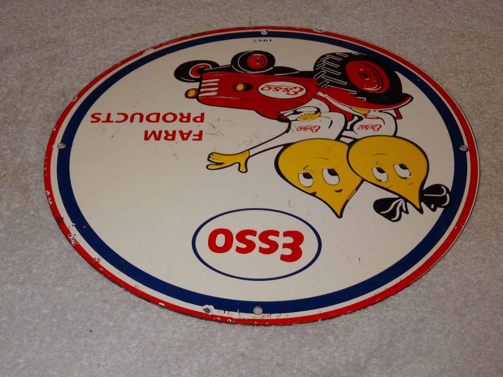 VINTAGE 1957 ESSO FARM OIL DROP BOY GIRL 11 3/4" PORCELAIN TRACTOR GASOLINE SIGN