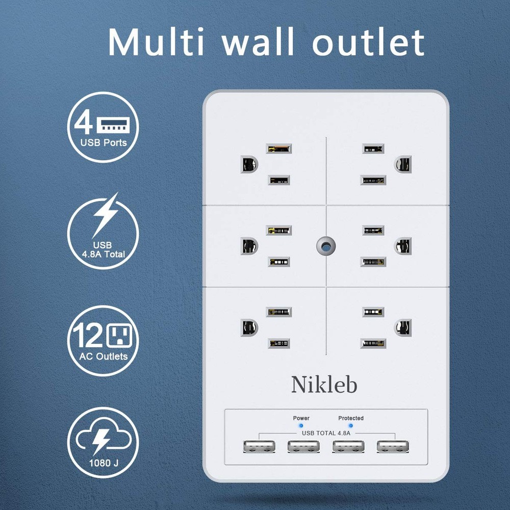Multi Plug Outlet Surge Protector , 12 Electrical Outlets Extender with 4 USB...