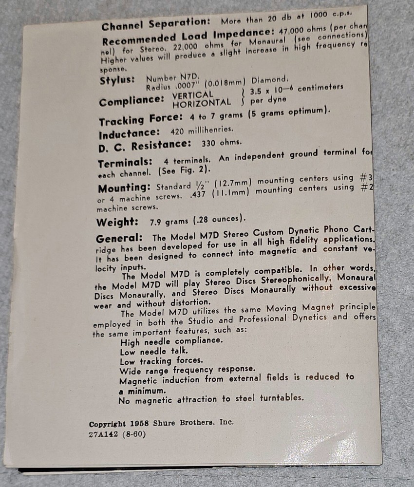 Shure M7D Stereo Custom Dynetic Phono Cartridge Data Sheet