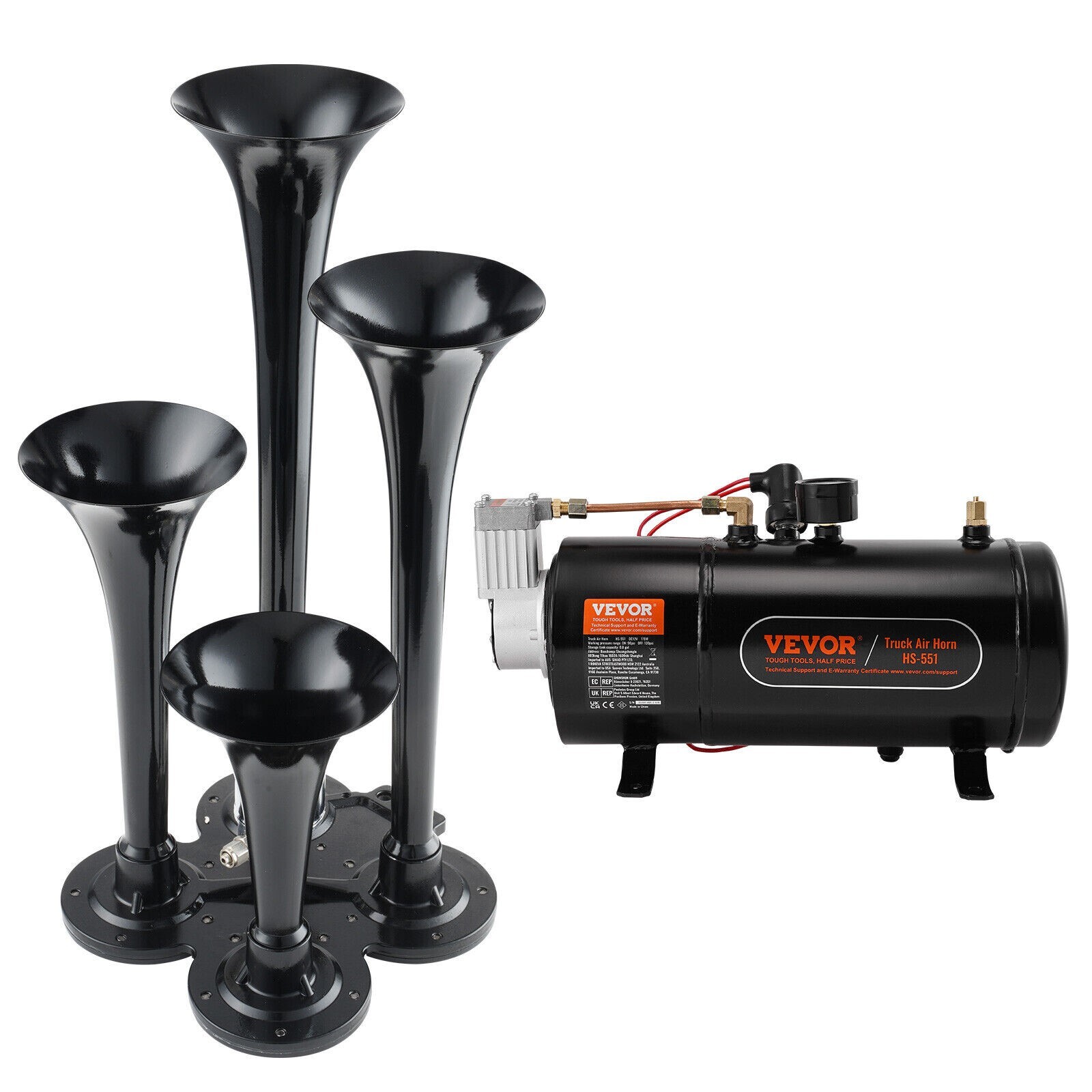VEVOR Train Horns Kit 4 Trumpet Air Horn Kit 120 psi Air Compressor 0.8 Gal Tank