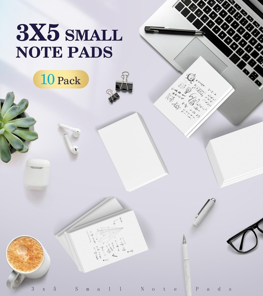 Small Note Pads 3x5 Pocket Notepad, 10 Pack Server 3x5, White- 10