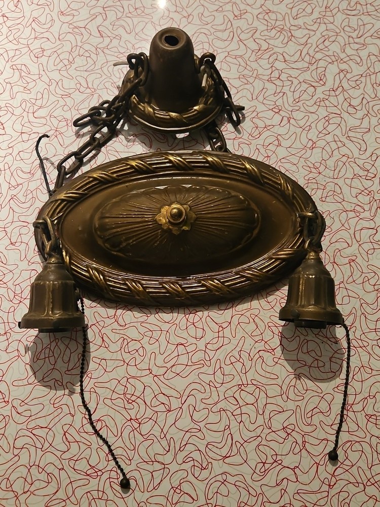 Antique Hanging Ceiling 2 Light Fixture Pressed Embossed Brass Ceiling Canopy