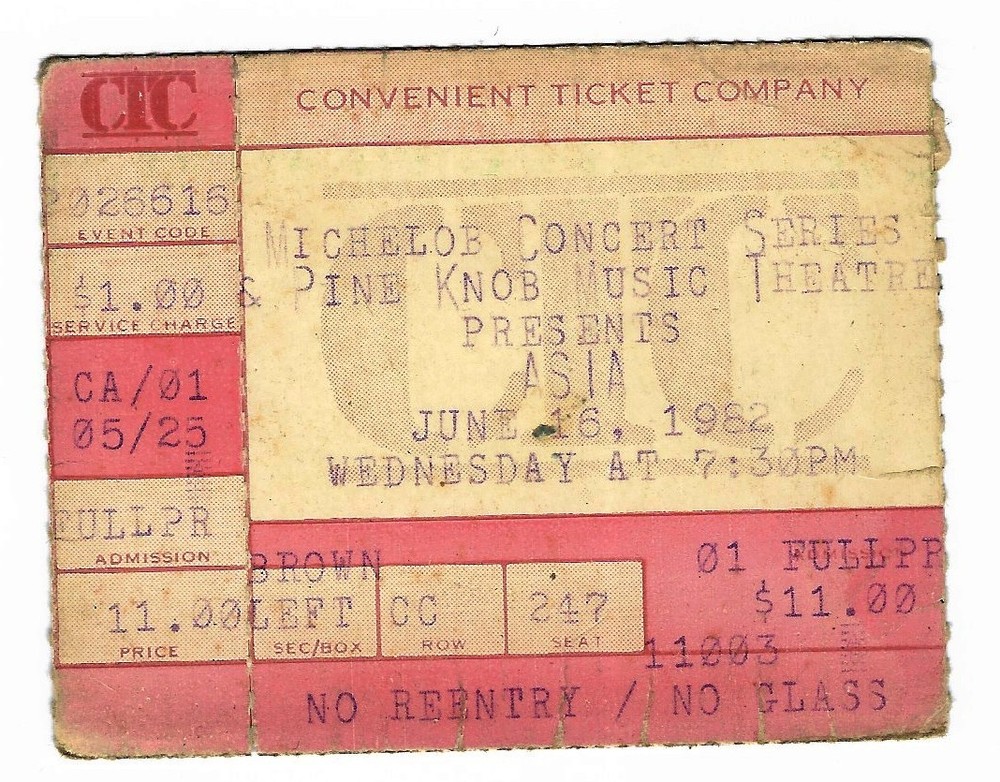 Asia & Chris Bliss (Juggler!) 6/16/82 Clarkston MI Pine Knob Rare Ticket Stub