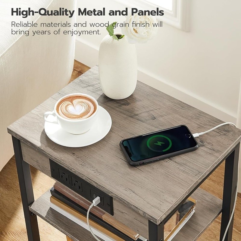 Multifunctional Side Table W/ Outlets USB Ports Adjustable Shelves Storage