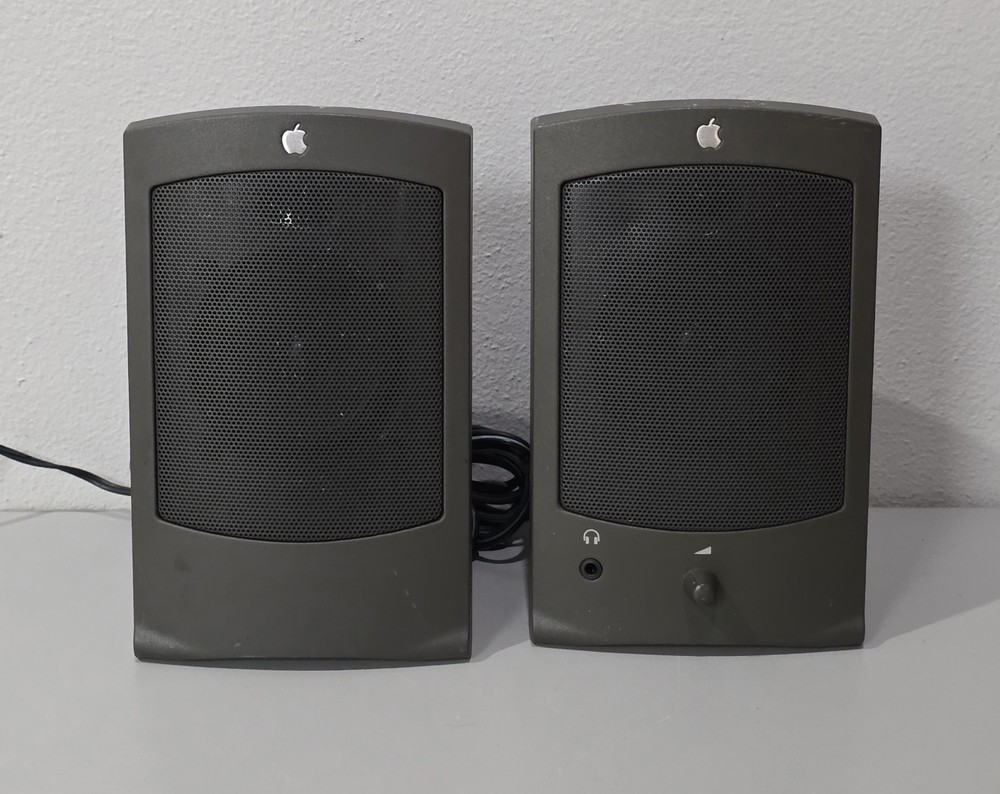 Vintage AppleDesign Wired Apple Computer Speakers M2497 Gray 1993 Pair + Cables